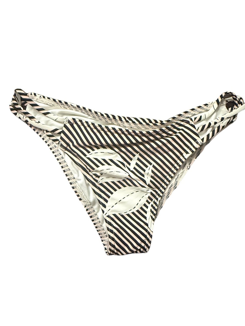 O'Neill Black & Cream Striped Leaf-Print Cheeky Bikini Bottom Size Small NWT